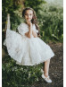 Short Sleeves White Rosetta Tulle Floral Flower Girl Dress